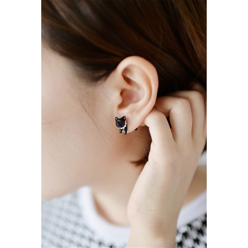 1pc Anting Tusuk Motif Kucing Hitam Aksen Mutiara Imitasi Ala Punk Untuk Unisex / Pria / Wanita