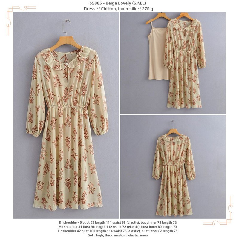 55885 Beige Lovely Dress / Dress Pesta Midi Krem