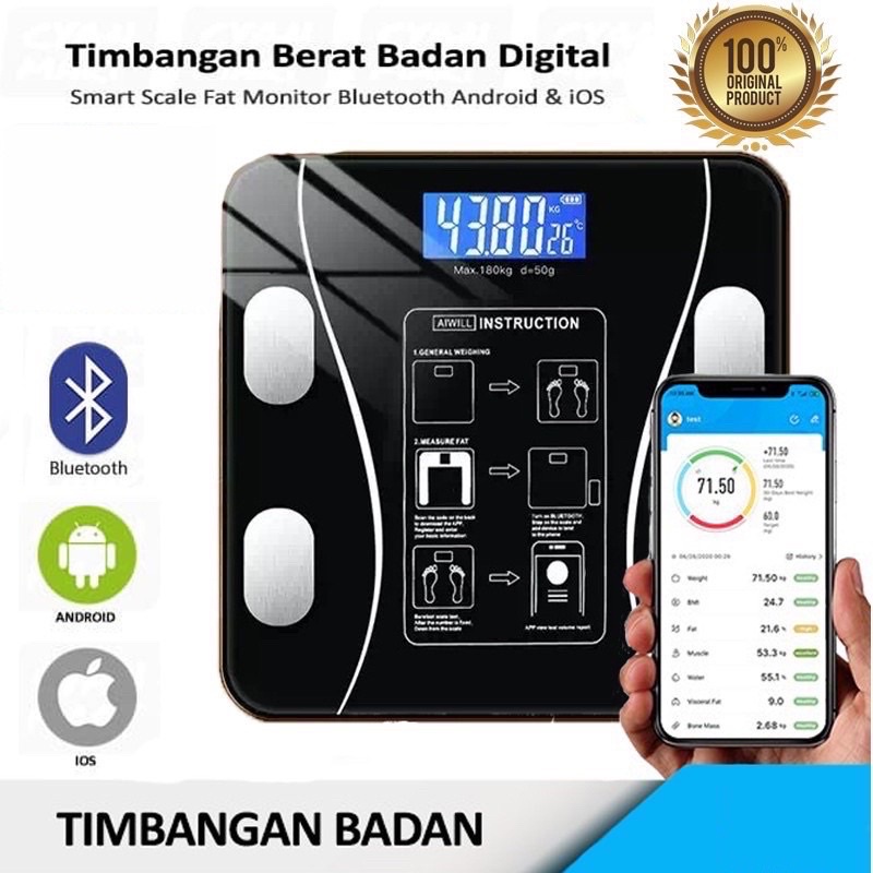 TIMBANGAT FAT BERAT bADAN SCALER USB BLUETOOTH APLIKASI PENGUKUR LEMAK