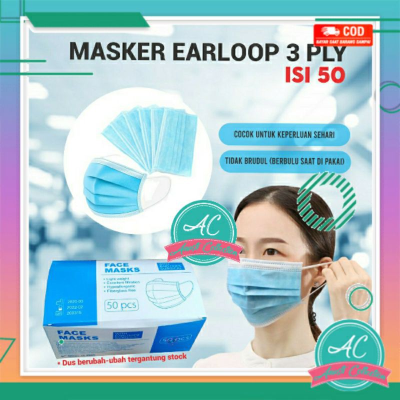 Masker cantol 3 lapis 3 ply earloop tali telinga 50 pcs disposable