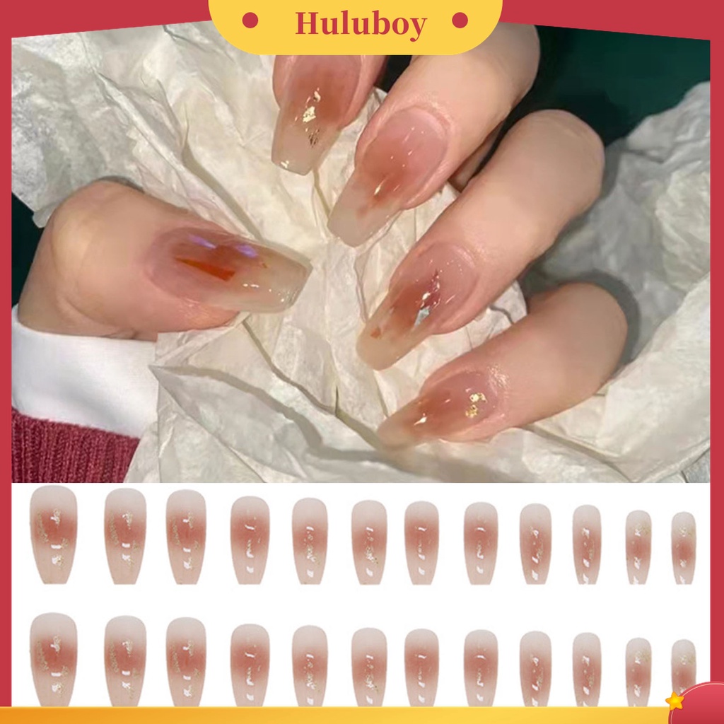 Huluboy Huluboy♡ 24pcs / Box Kuku Palsu Warna Caramel Gradasi Bahan ABS Untuk Nail Art