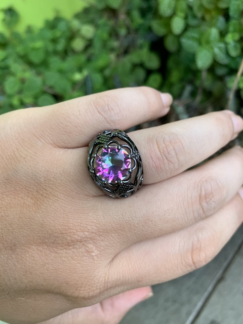 Cincin Batu Natural Mystic Quartz Rainbow Pelangi Ring Black Platted Klasik