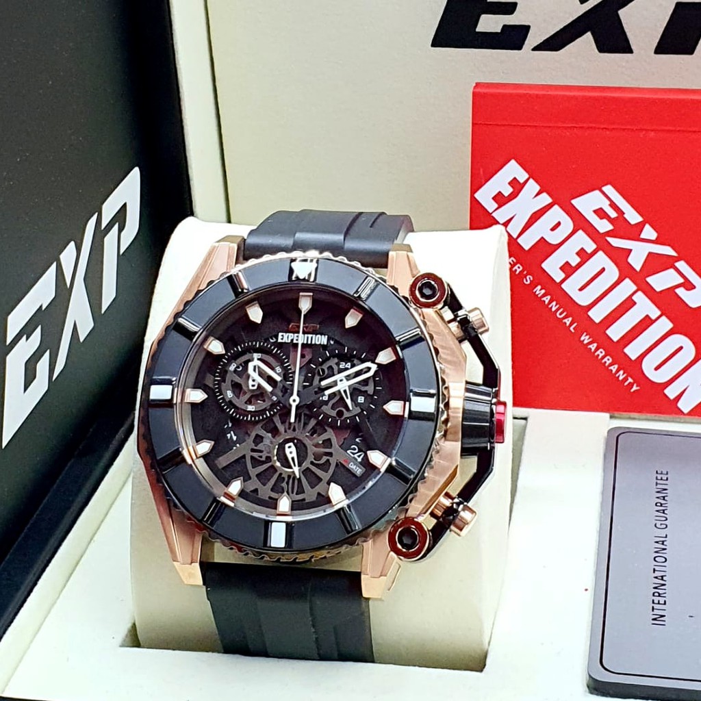 Jam Tangan Pria EXP Expedition Original E3009MC Tali Karet Hitam Rosegold