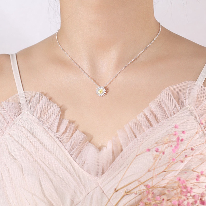 Kalung Rantai Sterling Silver 925 Dengan Liontin Bunga Daisy Untuk Wanita