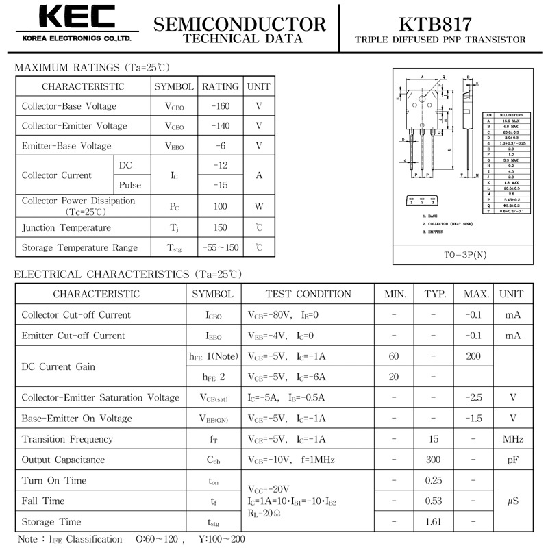 TRANSISTOR KTB817 B817 TR B 817 KEC KTB 817 TO-3P