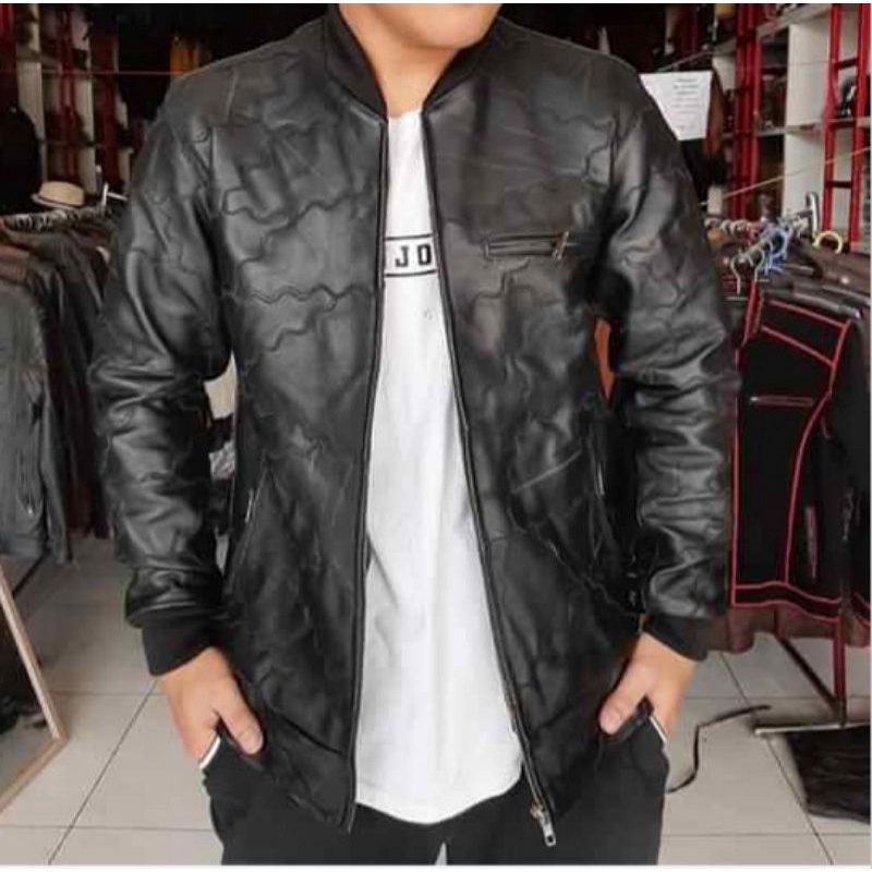 Jaket Pria Kulit Asli Domba Model Bomber Motif Sambungan Jaket Klasik Jaket Casual Jaket Motor New Elegant