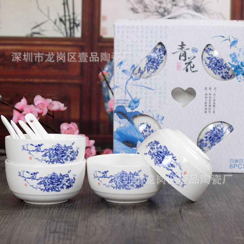 Gift Set Mangkok Oriental Free Sendok Porselen dan Dus Isi 4 pcs Hadiah Pernikahan dan Souvenir Pern