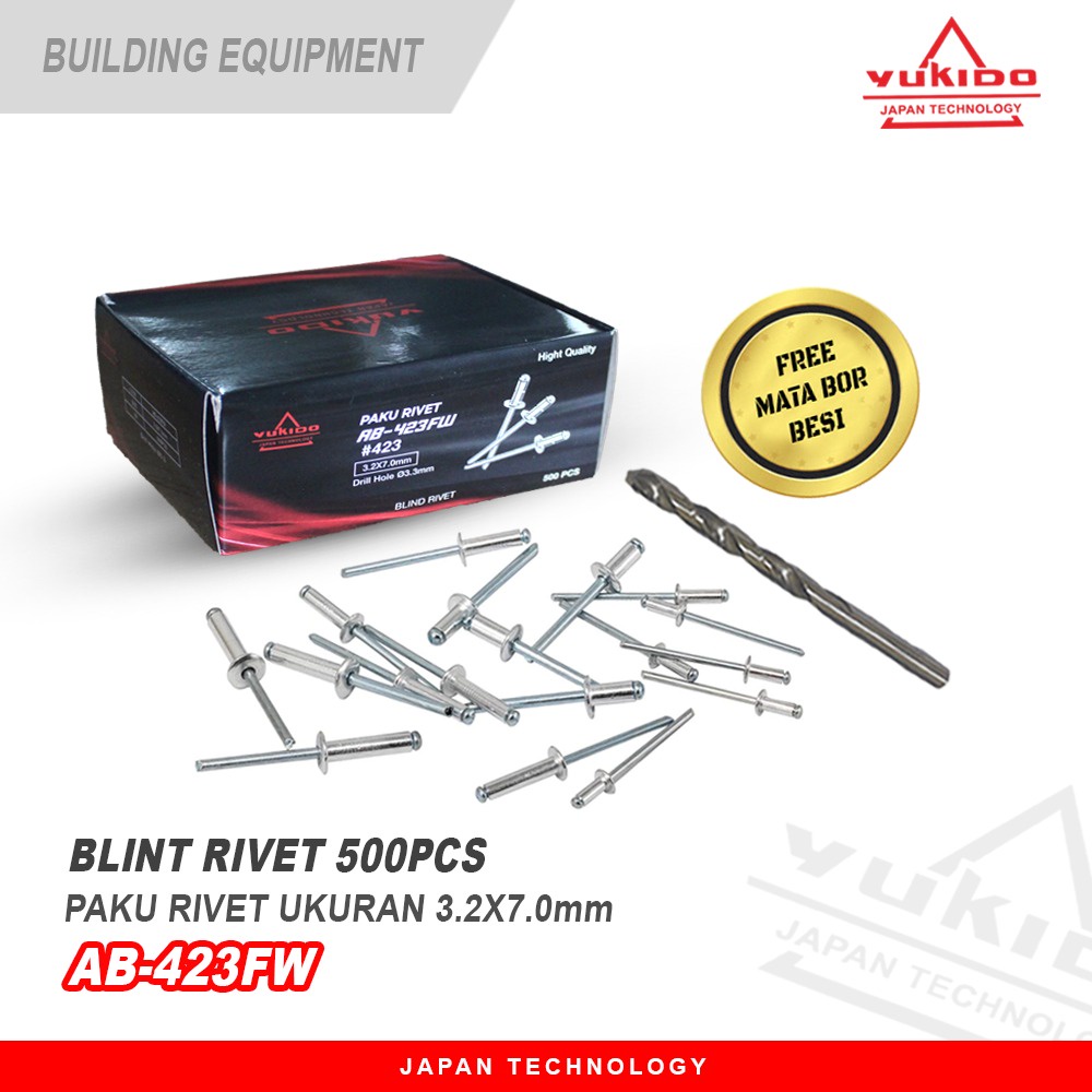 SIAP PAKAI YUKIDO PAKU RIVET 523(4.0X7.0MM) 1PACK ISI 500PCS FREE MATA BOR BESI 4.0MM