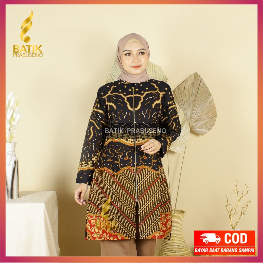 LANJAR Tunik Batik Wanita Prabuseno Modern  Lengan Panjang Katun Lapis Furing Modern Kerja Kantoran 