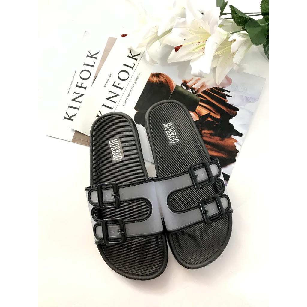 Sandal Slop Ban Dua Gesper Transparant BEST SELLER Import Morego V202-1-Hitam