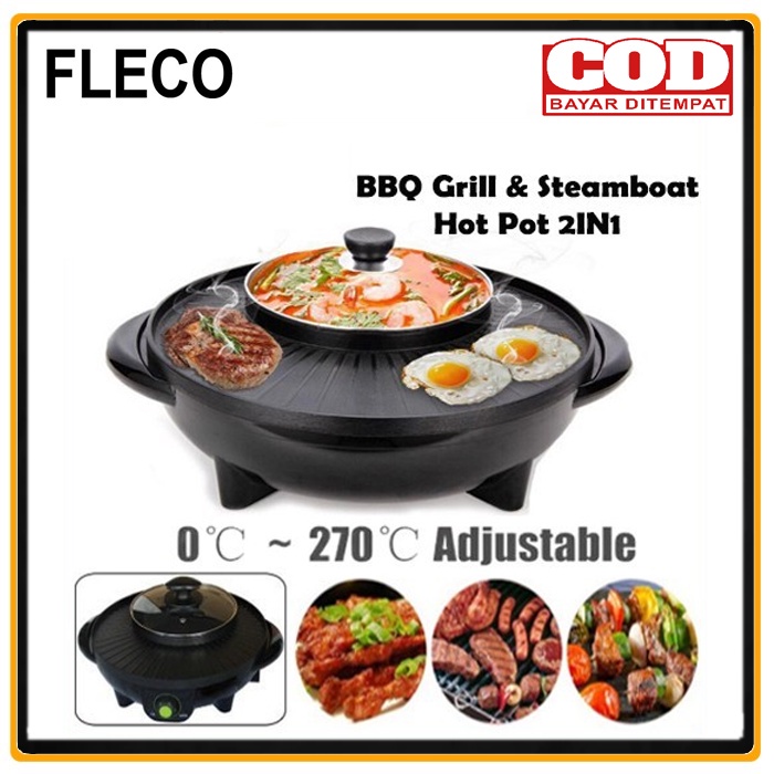 Panci Hotpot Shabu 2in1 Electric BBQ Listrik Pot Steam Grill Fleco 602 bergaransi resmi 1 tahun mantap