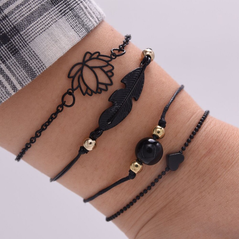 4pcs / Set Gelang Rantai Manik-Manik Bentuk Daun Teratai Hati Warna Hitam Bahan Alloy Dapat Disesuaikan Untuk Wanita