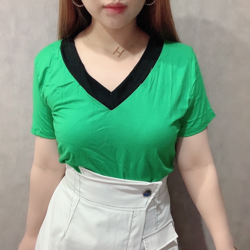 Color Block V-Neckline  | Baju Kaos Jumbo Bigsize Atasan Wanita | Maimon Grosir