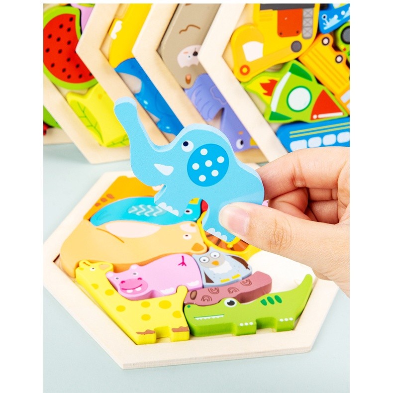MAIN PUZZLE KAYU 3D HEXAGON - MENGENAL HEWAN, TRANSPORTASI, dsb