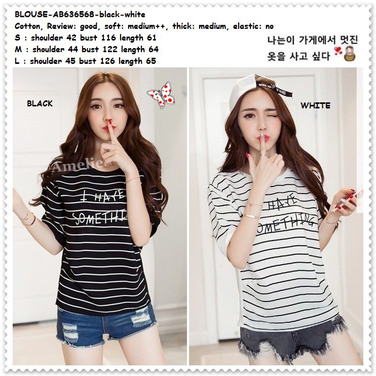 Baju Atasan Kaos Wanita Blouse Korea Import AB636568 Garis Hitam Putih