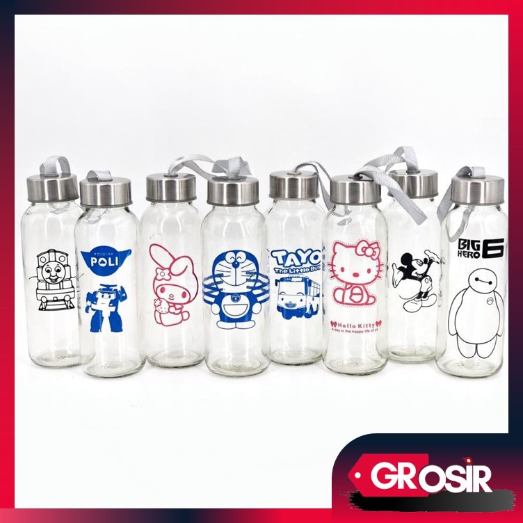 Grosir - B182 Botol Minum Kaca Karakter Clear / Free Kotak