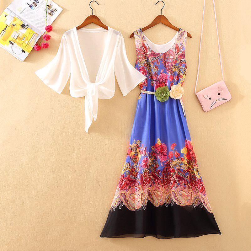  Long  Dress  Model O Neck Tanpa Lengan Print Bunga Bahan  