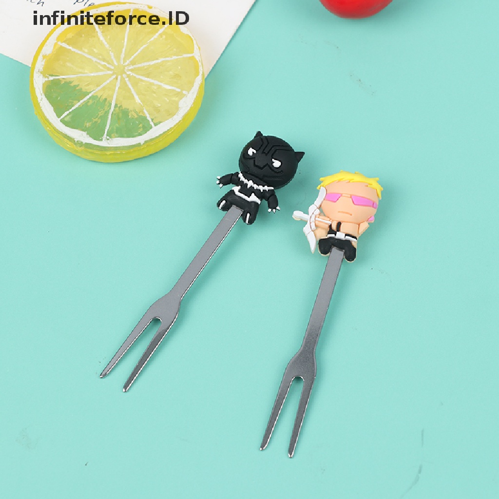 8pcs Garpu Buah Mini Bahan Stainless Steel Motif Kartun Hero Untuk Pesta Anak