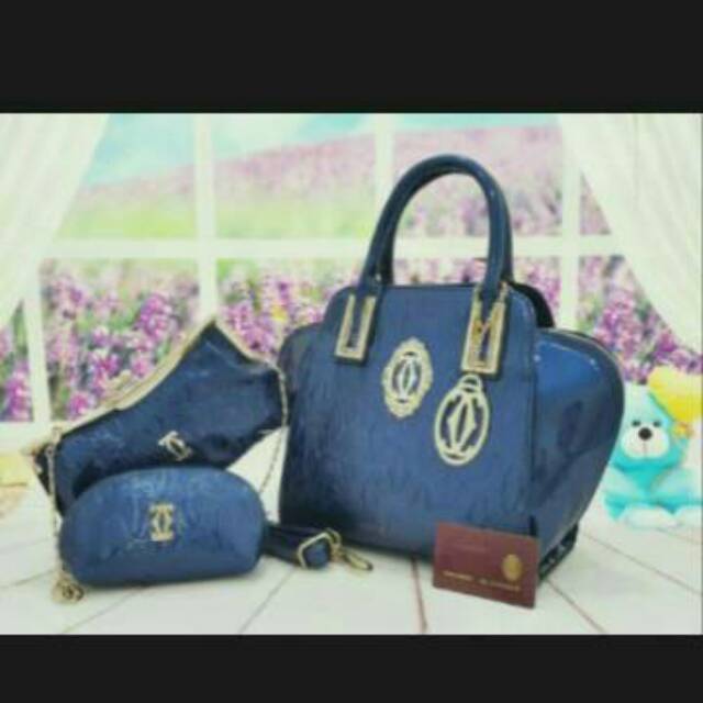 Tas Cartier Second Preloved Glossy Impor Batam Set 3in1 Biru Dongker