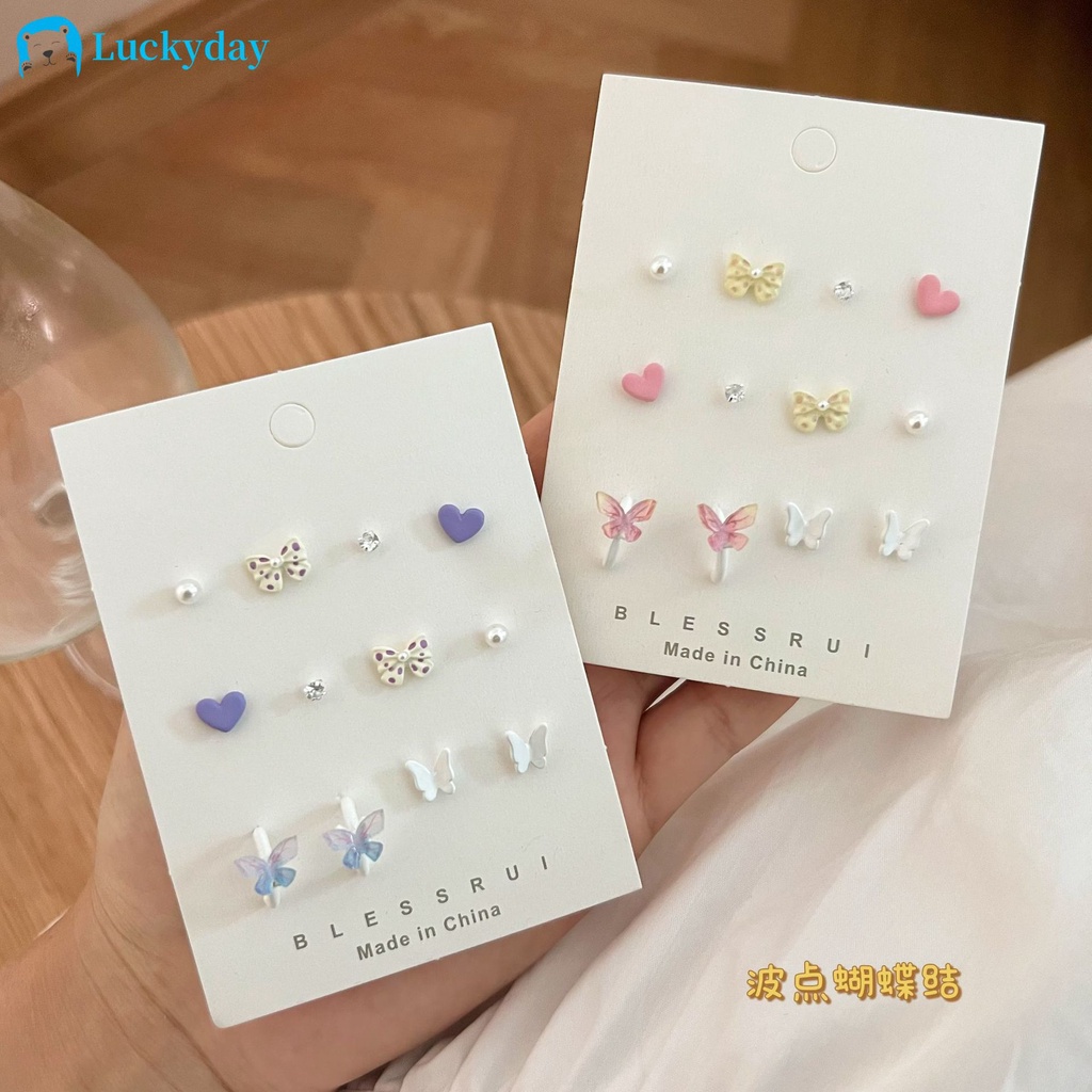 YEEZII 6 Pasang / Set Anting Stud Desain Butterfly Bow Heart Aksen Mutiara Kristal Untuk Wanita