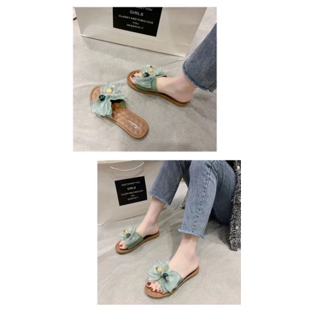 Sandal Slop Wanita Fashion Brukat Pita Mutiara Import High Quality S2