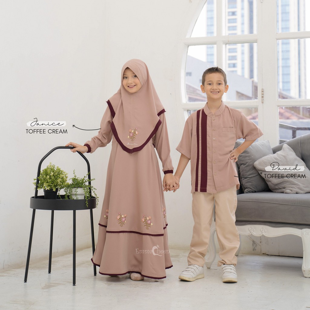 EmmaQueen - Set Dress Muslim Anak Janice Flowery-Toffe Cream