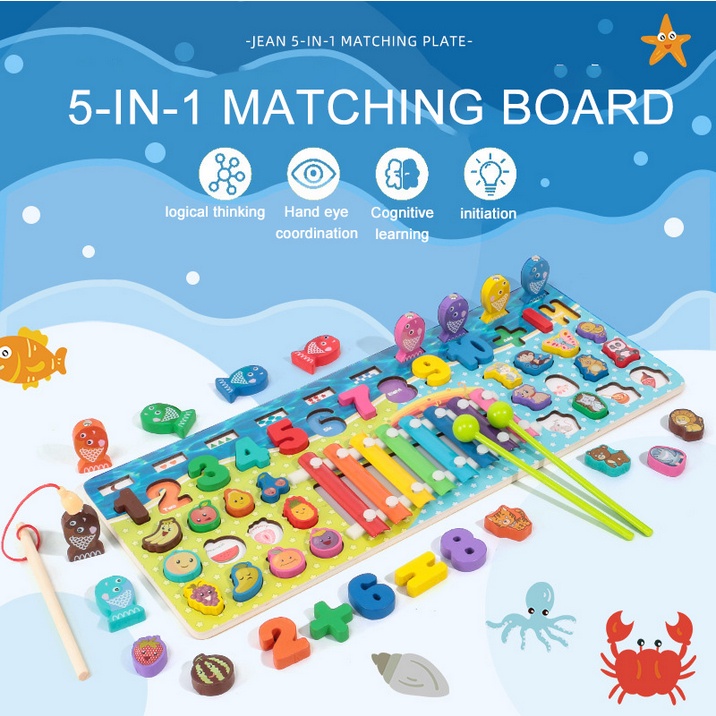 ~Edukasi 7in1 Puzzle Kayu Anak Huruf dan Angka Pancing Ikan Montessori Wooden Toys-1
