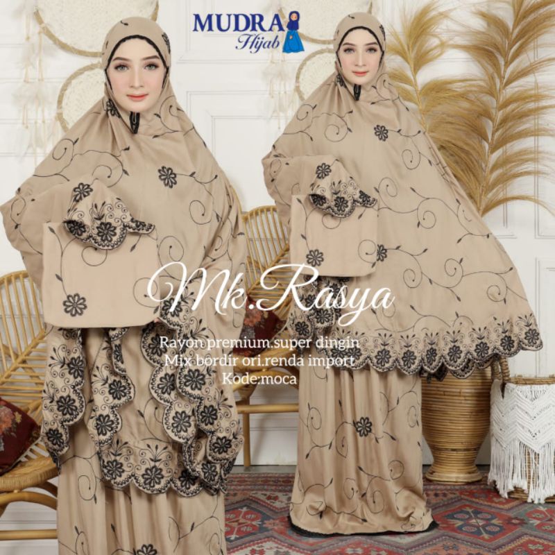 MUKENA RASYA, CANTIK DAN ANGGUN ORIGINAL MUDRA HIJAB, RAYON IMPORT MIX BORDIR DAN RENDA IMPORT, ADEM