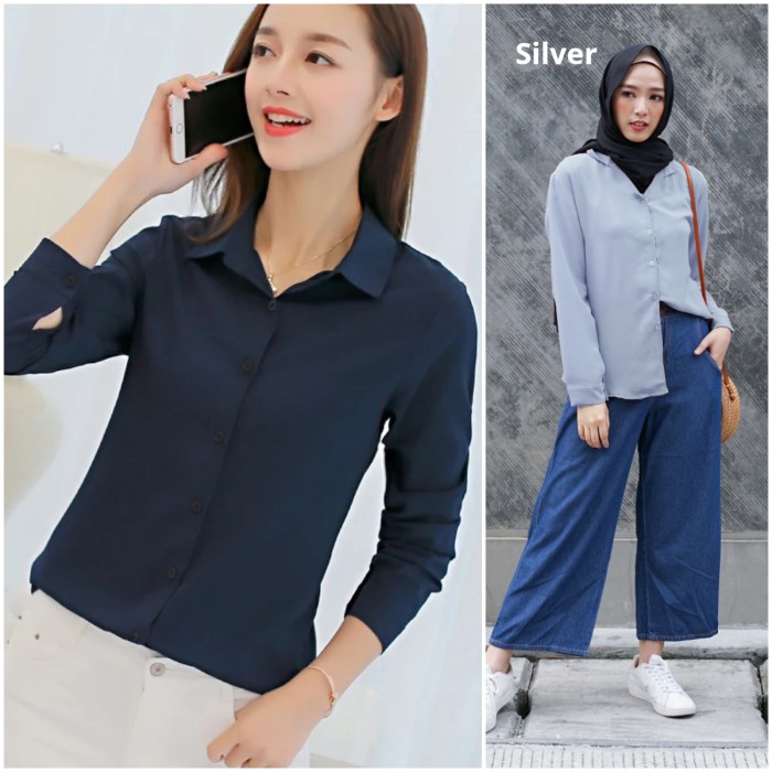 Ds51C1 Chamele - Kemeja Kantor Polos Basic Wanita Lengan Panjang 2991 - Biru Silver, S Fe5E2D