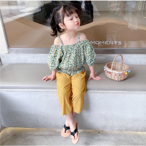 SETELAN STELAN ANAK PEREMPUAN IMPORT Girlset CROP CELANA BUNGA KUNING + CELANA  100-140
