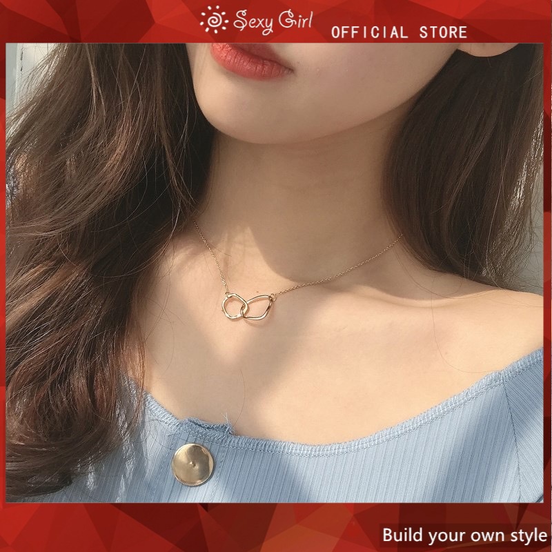 Kalung Choker Rantai Liontin Lingkaran Ganda Interlocking Tiesen Gaya Korea Untuk Dekoratif