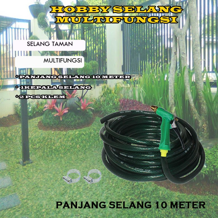 Paket Selang Set Alat Cuci Motor Selang Air Serat Benang Hijau 1/2 inch Panjang 10 Meter Semprotan Air Hose Nozzle - Selang Semprotan Air Cuci Motor