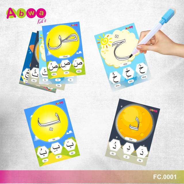 Flash Card Huruf Hijaiyah Wipe and Clean untuk Belajar Membaca dan Menulis Huruf Arab Abwakids
