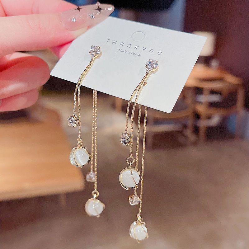 Shuling S925 Silver Needle Korean version Tassel Earrings Fashion Opal Long Earrings Super Cute Zircon Earrings