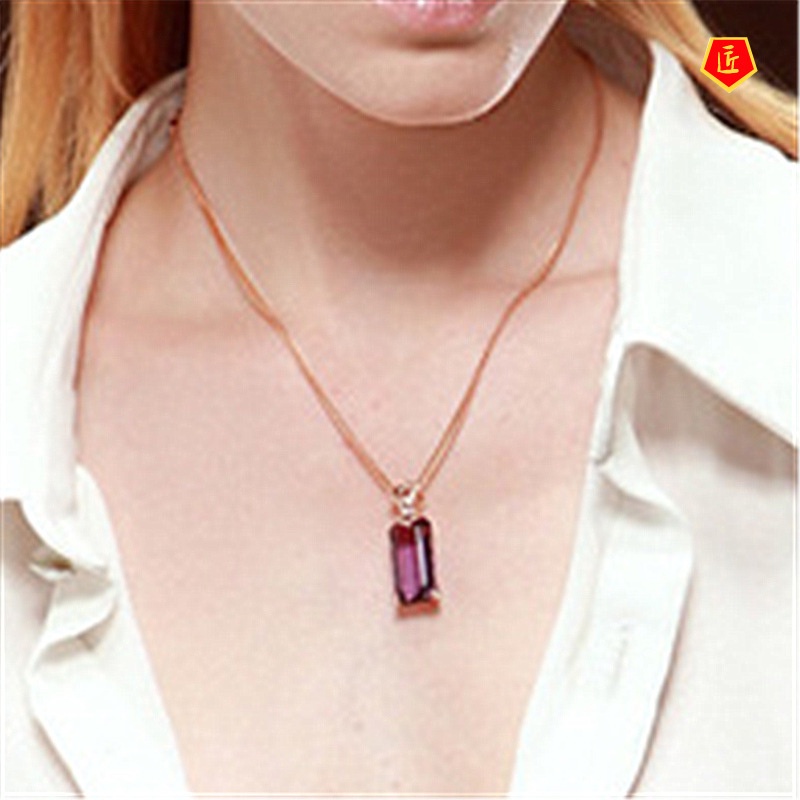 [Ready Stock]Luxurious Style Rectangular Amethyst Gemstone Pendant for Women