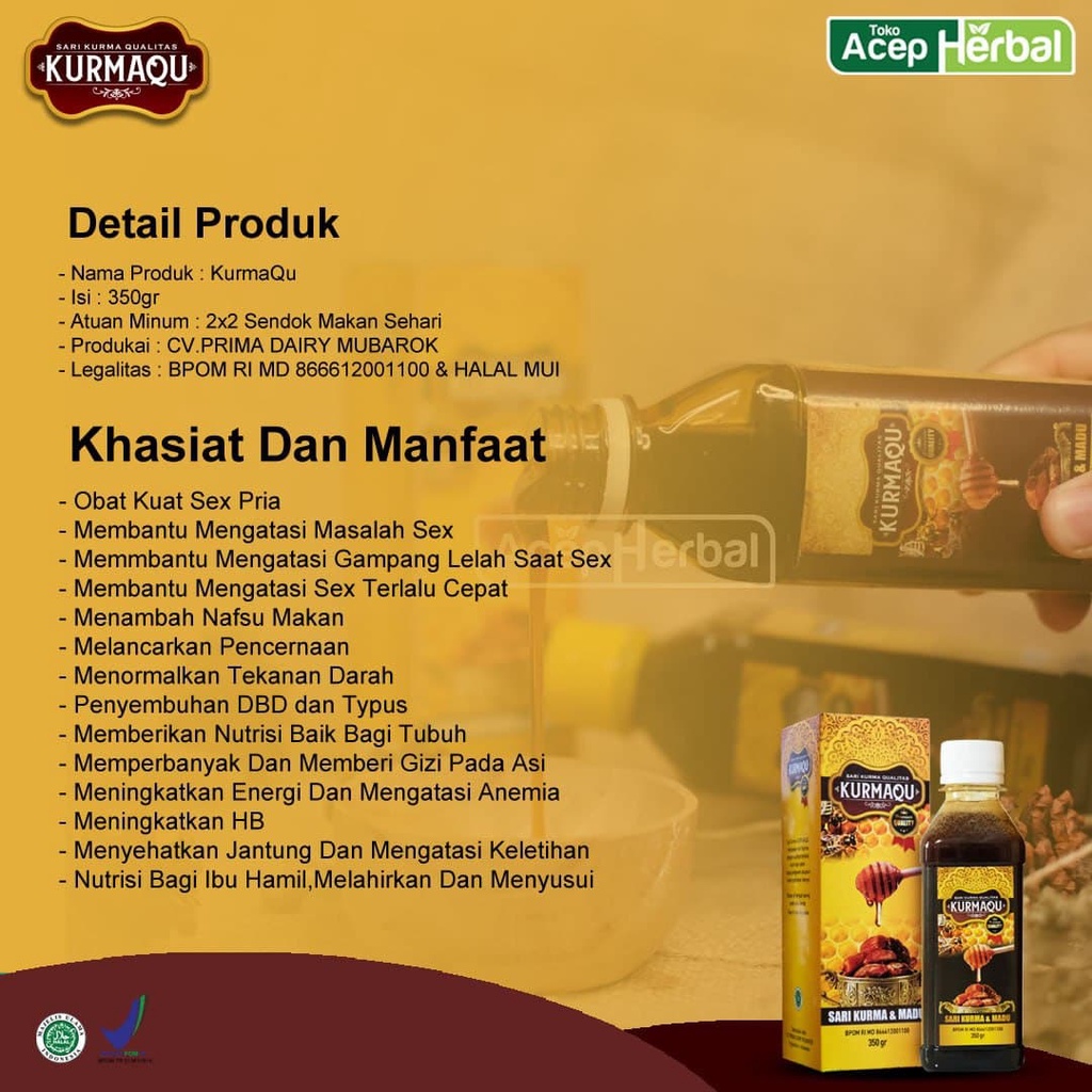 Obat Stamina Pria,  Madu Kuat Tahan Lama, Gangguan Rangsangan, Impotensi, Lemah Syahwat, Disfungsi Ereksi, Mudah Keluar, Penambah Gairah, Hormon, Ejakulasi Dini, Depresi, Stres, Neurotransmiter, Tekanan Darah Tinggi - KURMAQU Sari Kurma 100% ORIGINAL BPOM-1