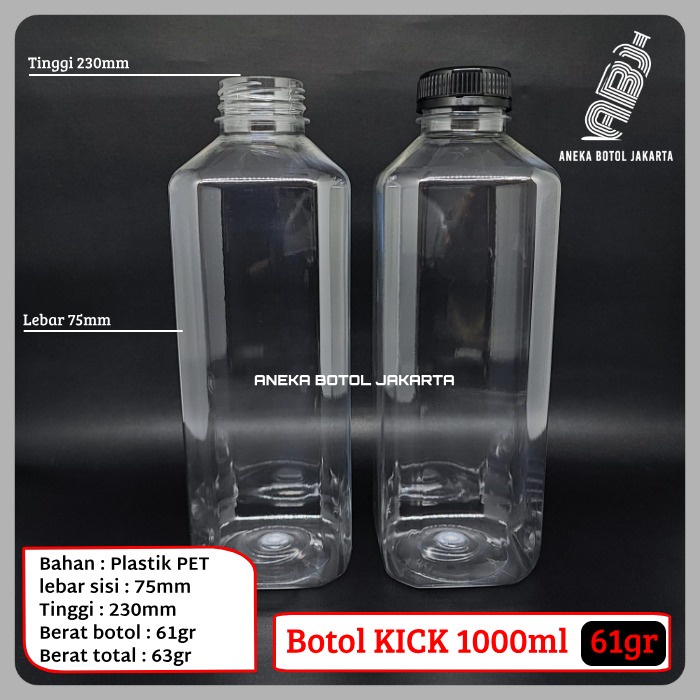 Botol plastik KICK 1000ml berat 61gr Tebal / botol plastik 1 liter kotak