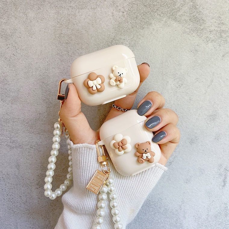 Casing Strap Bear+ Mutiara Kartun Lucu Kompatibel Untuk Airpods1/2 Pro Case Soft TPU