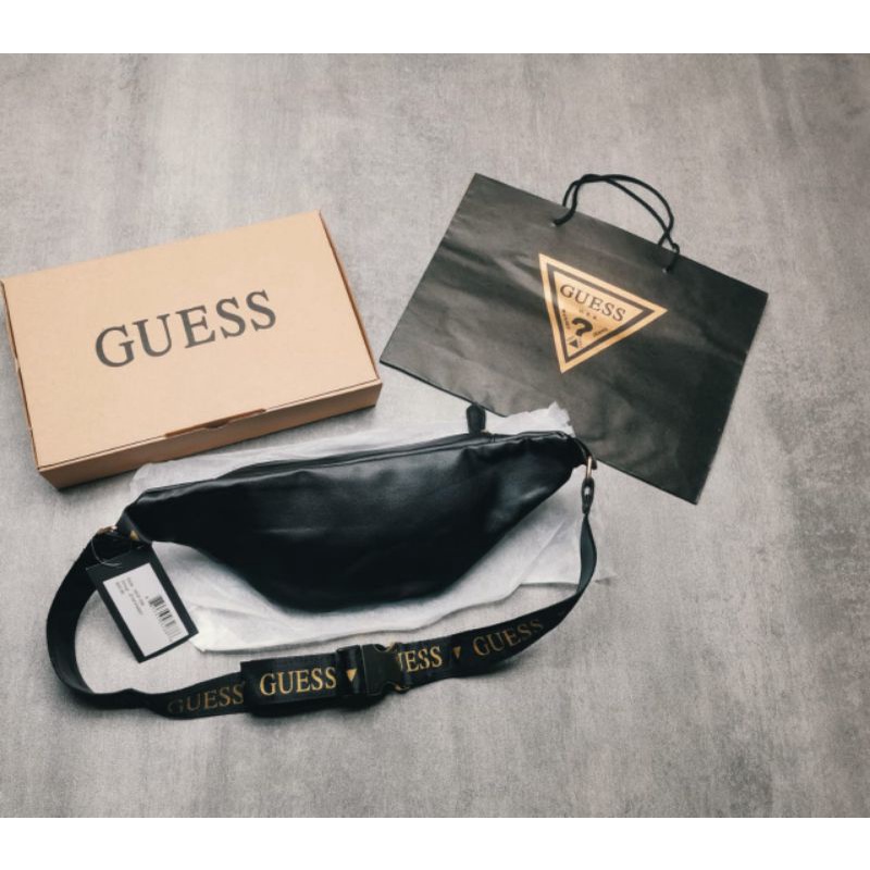 WAIST BAG GUESS FREE BOX N PAPERBAG/ WAISTBAG GUESS BLACK GOLD FULLSET