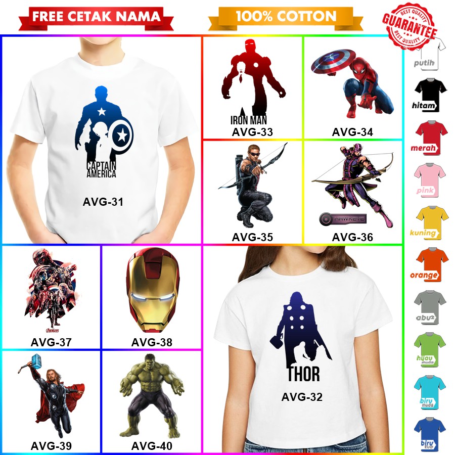 [FREE NAMA!!] Baju Kaos COUPLE  ANAK DAN DEWASA AVENGERS IRONMAN CAPTAIN THOR SPIDERMAN BANYAK MOTIF