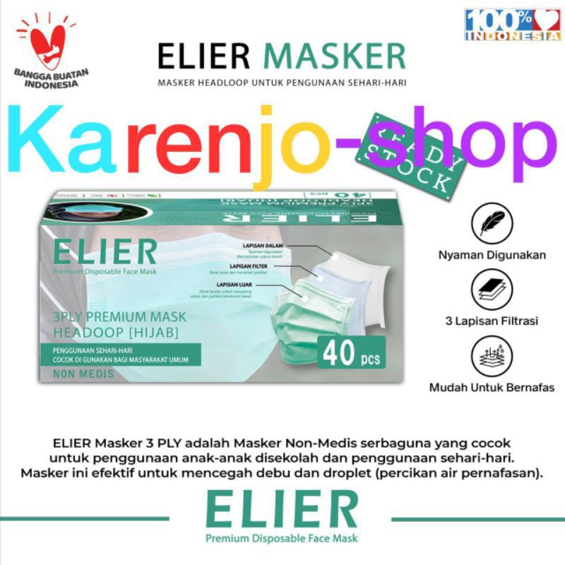 ELIER Masker Hijab Headloop 3 ply isi 40 pcs - Disposable Daily Mask - Emboss Elier