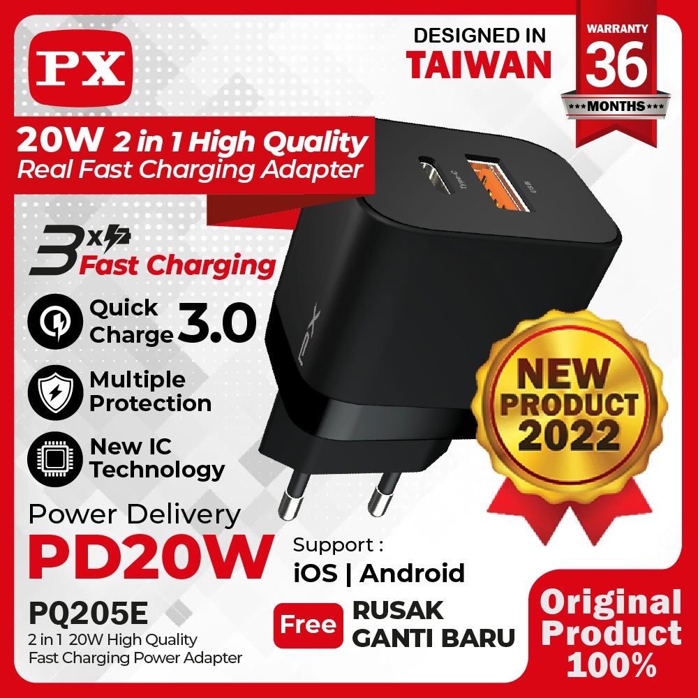 Charger Fast Charging Kepala Charger Adaptor Quick Charger 3.0 Smartphone iOS Android Samsung iPhone Xiaomi Realme Nintendo Switch Type C + USB A PD 20W PX PQ205E
