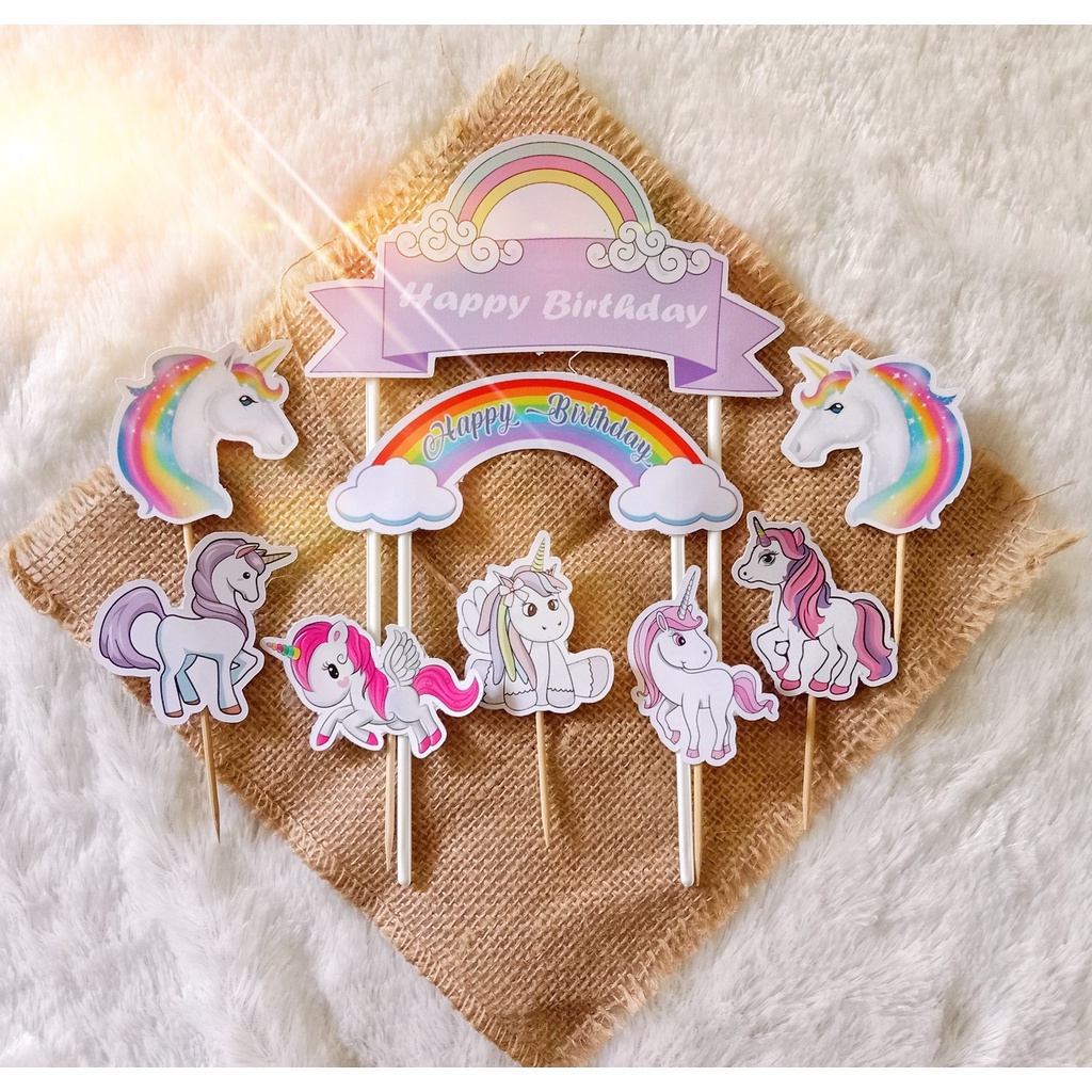 Hiasan / Topper Kue Ulang Tahun Anak Karakter Unicorn, Bisa Custom / Tambah Nama