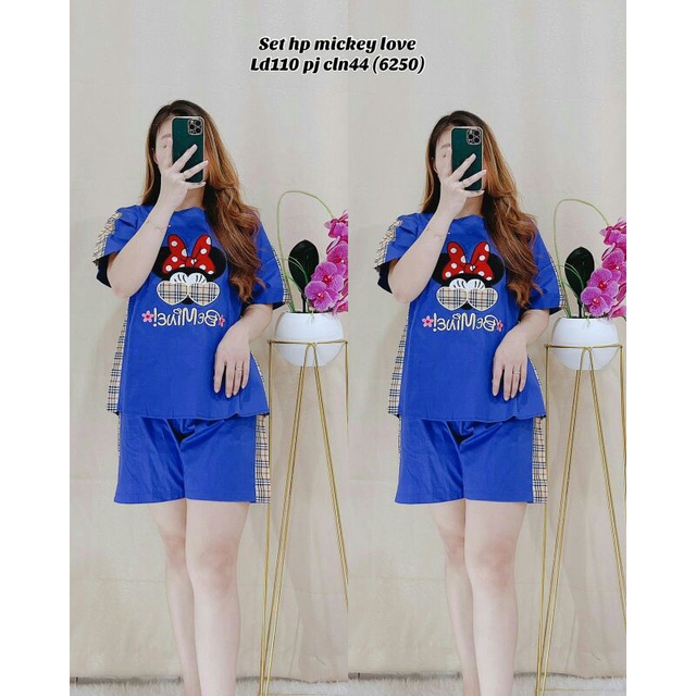 Setelan Bahan Katun Strech Gambar Minnie Pita Ukuran Jumbo Bordir