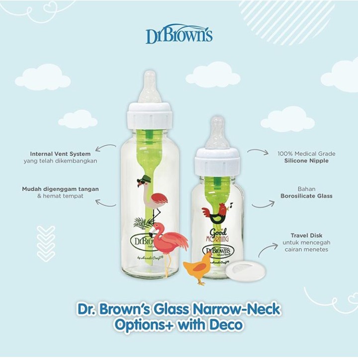 Dr. Brown's Glass Narrow Options+ Bottle with Cartoon Deco / Botol Susu Kaca