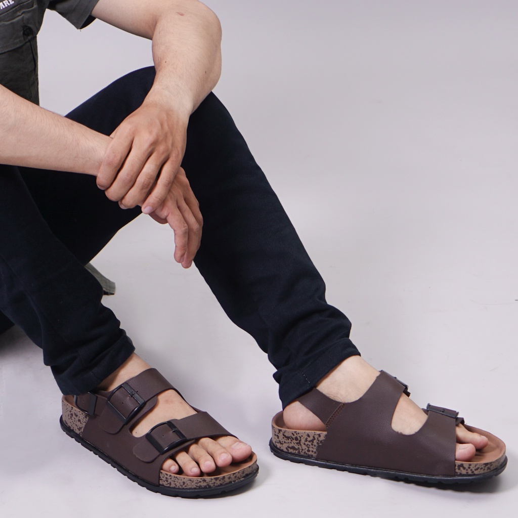 Dunkenstock MILANO Sandal Slop Pria Sendal Slide Cowok Model Birken Gesper Ban Dua Tali Belakang Bahan Kulit Sol Karet Kekinian