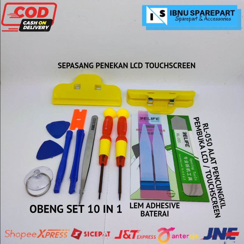 opening tools alat servis hp lengkap OBENG SET 10 IN 1 + PENJEPIT LCD + ALAT PEMBUKA LCD/TOUCHSCREEN RL-050 &amp; LEM ADHESIVE PERKAT BATERAI