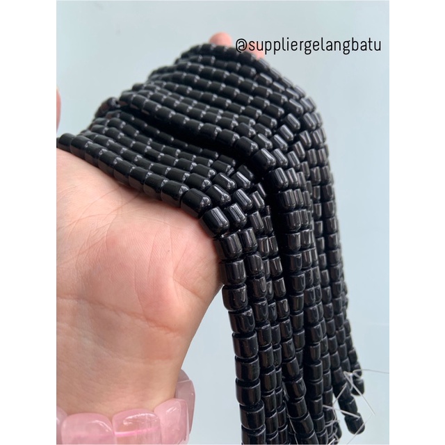 manik batu tabung 8mm black onyx hitam glossy akik bahan gelang kalung