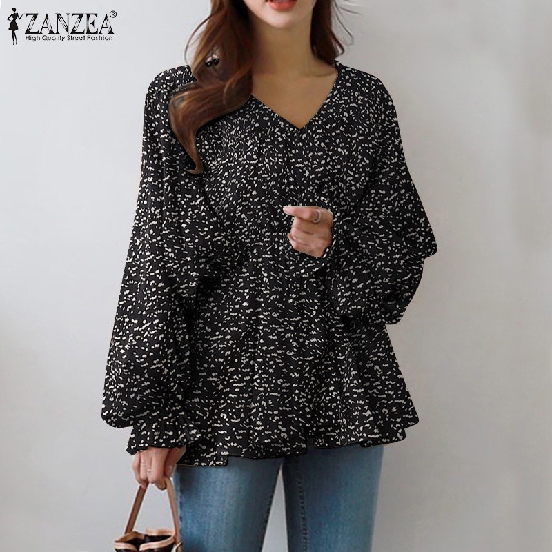 ZANZEA Women Fashion Full Sleeve V Neck Leopard Printed Casual Loose Blouse