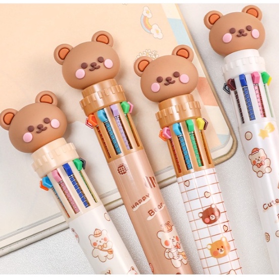 Bolpoin Warna BEAR 10 in 1 / Pulpen 10 Warna / Pena Warna 10in1 / Ballpoint Gel Pen Colorful / Pulpen Karakter Beruang 10 Warna / Pulpen Gel 0,5 mm